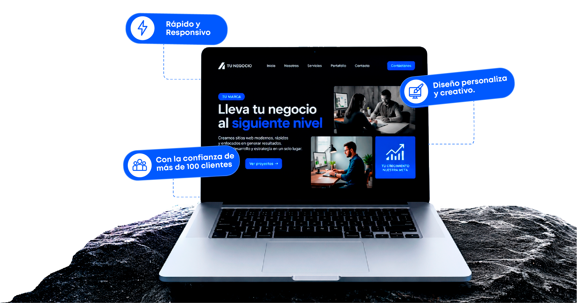 Laptop con una propuesta de sitio web de KURVAZA y etiquetas de diseño responsive y personalizado
