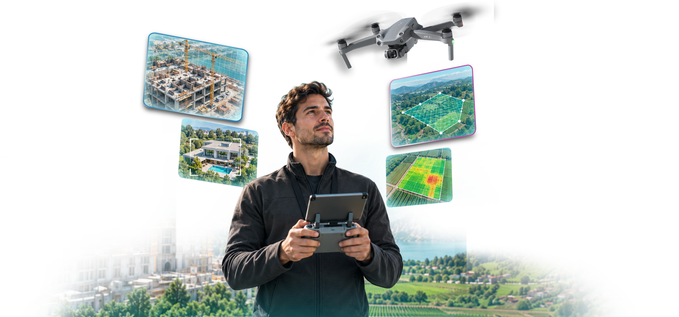 Operador de dron rodeado de registros aéreos de obras, terrenos y propiedades