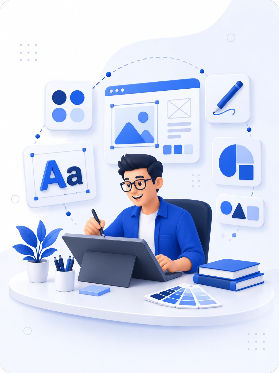 Ilustración de un diseñador creando una propuesta visual en su tableta